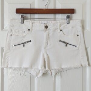 Paige Indio Zip Moto Inspired Mid Rise Raw Hem Cut Off Jean Shorts White 30